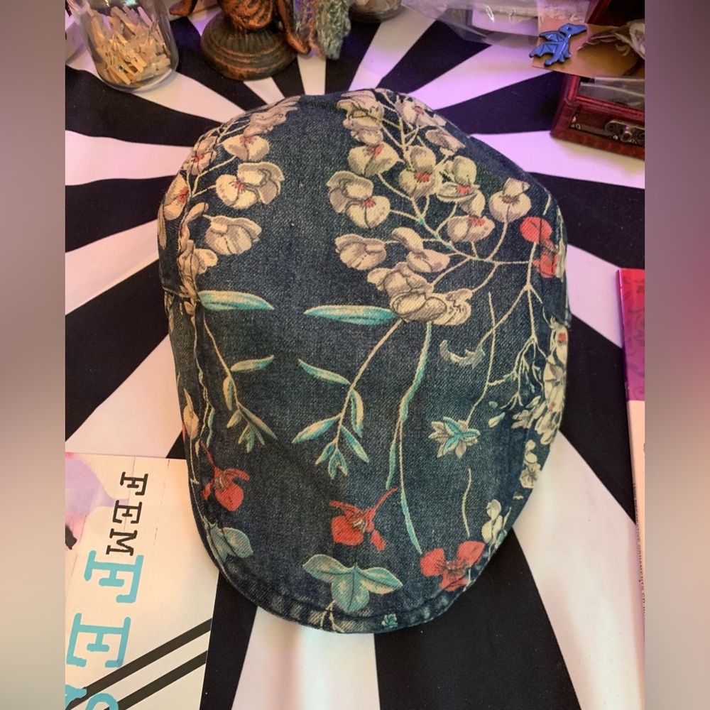 Floral Flat Cap Adjustable Denim Newsboy Hat - Picture 5 of 7